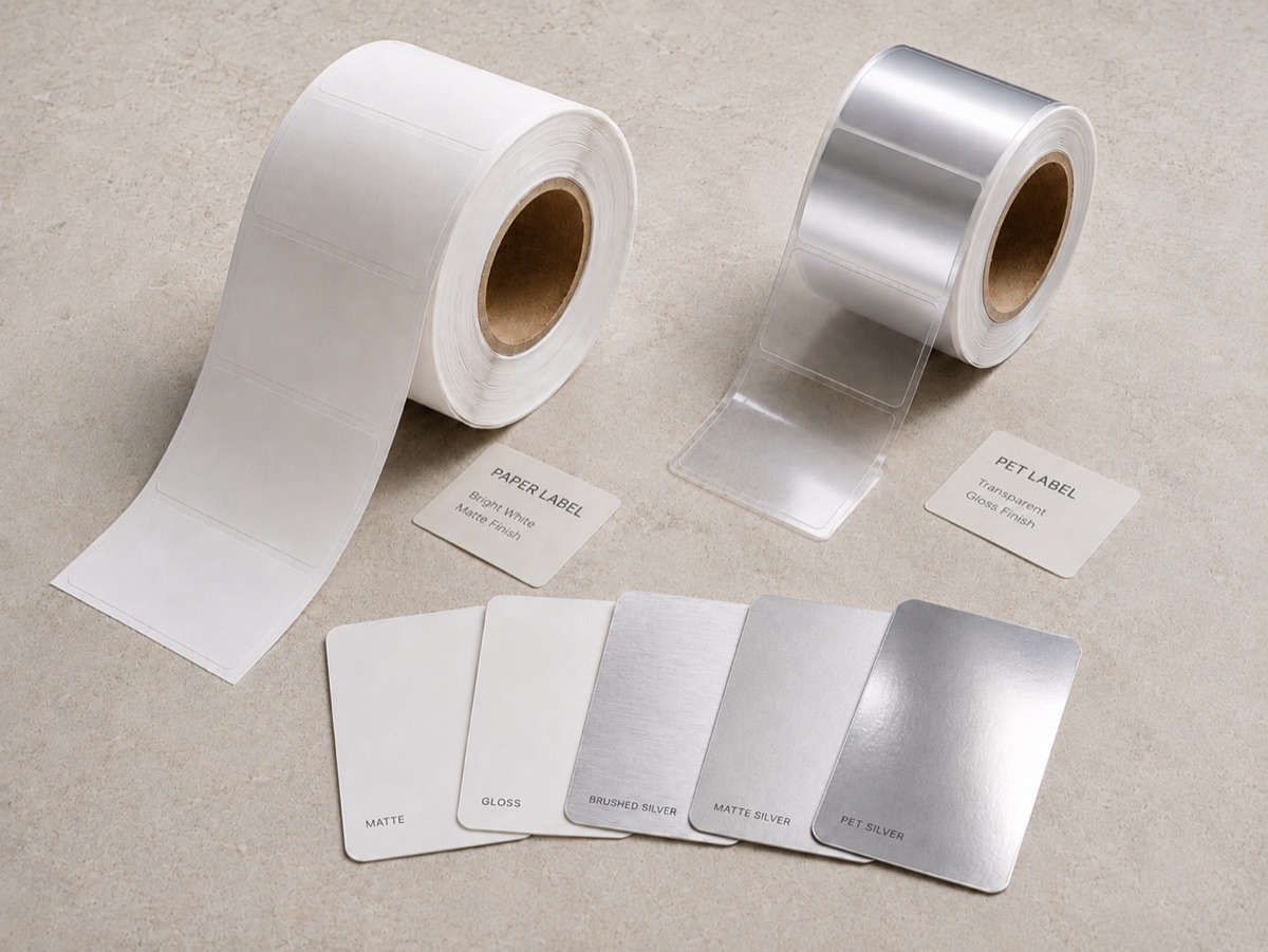 Paper and PET label rolls with matte, gloss and silver finish swatches