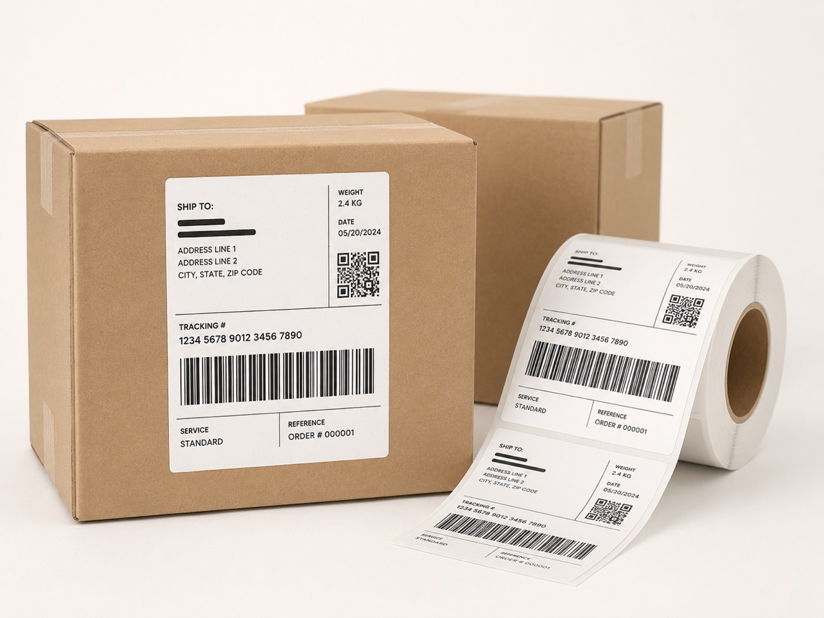 Shipping labels on parcels and rolls