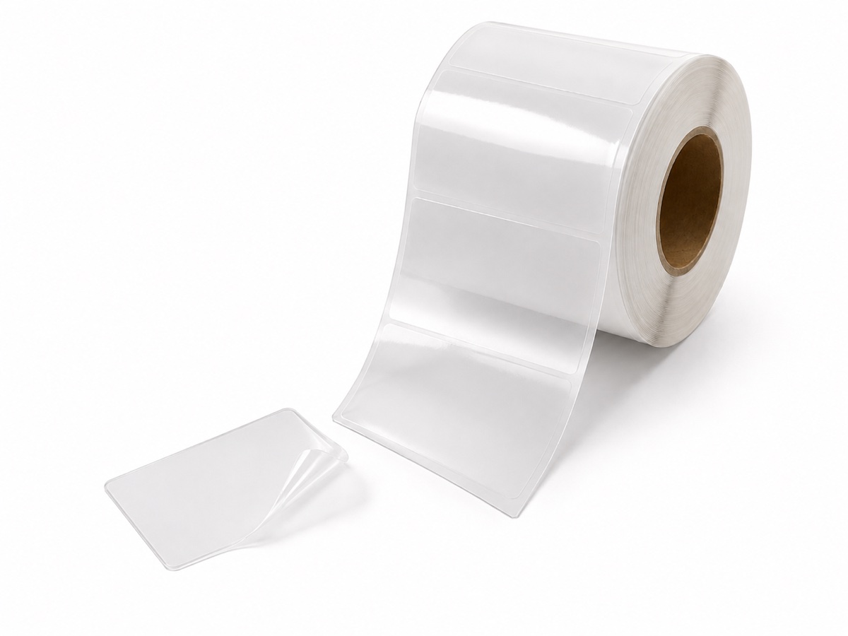 Roll of clear film labels with a transparent label peeled off